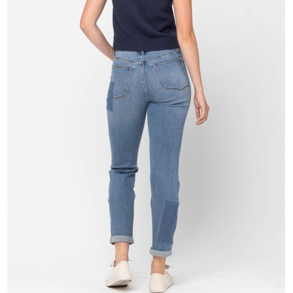 JUDY BLUE WOMENS HIGH WAIST DOUBLE ROLLED CUFF PATCH BOYFRIEND - Picture 3 of 7